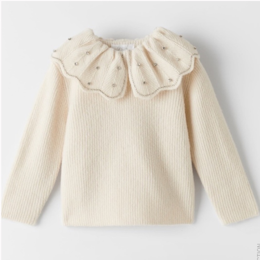 Zara Girlds Bob Collar Appliqué Knit Sweater Cream Rhinestones